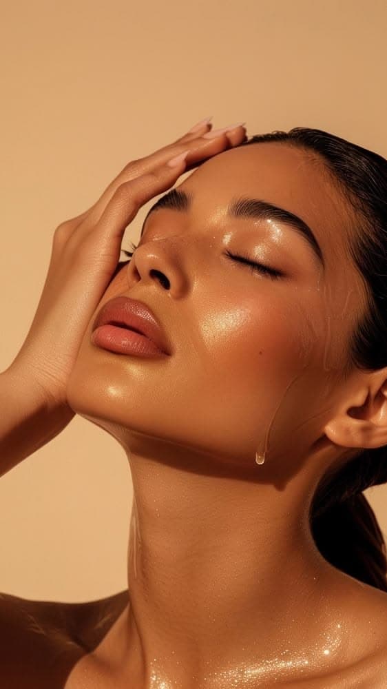 Woman with glowing, dewy skin, eyes closed, resting a hand on her forehead